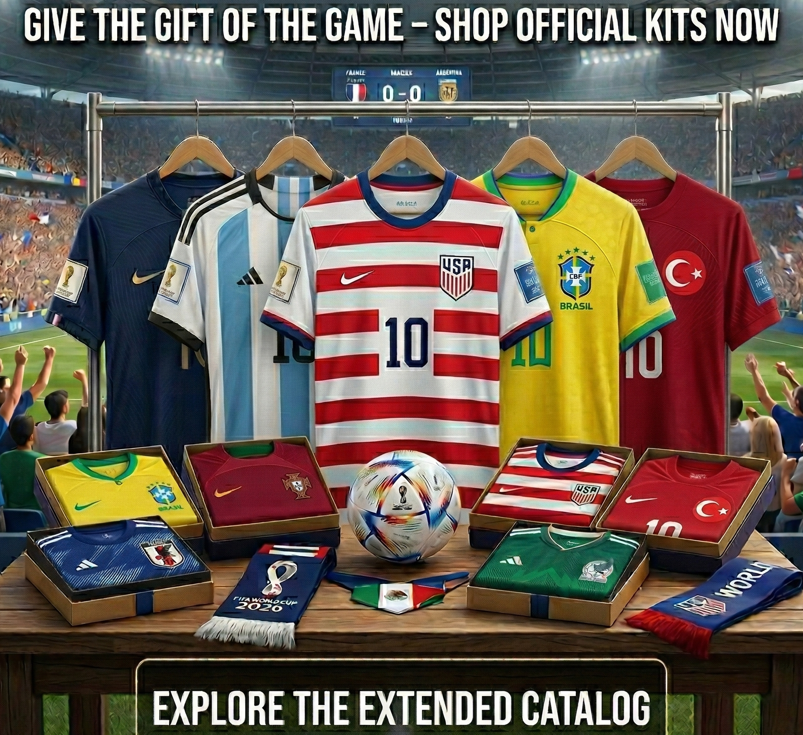 Promotional image of 2026 World Cup collection with sports jerseys and merchandise on a table in a stadium setting.